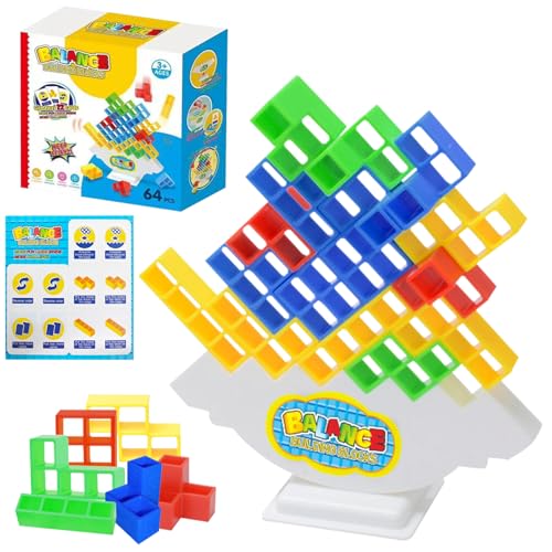 SPHERETRON Tetra Tower Spiel 64 Stapelsteine Stapelspiel Tetris Spiel Kinder Stapelturm Wackelturm Balance Spie Bunte Kreative Stapelspiel Spielzeug Mädchen Junge und Weihnachts Geburtstag von SPHERETRON