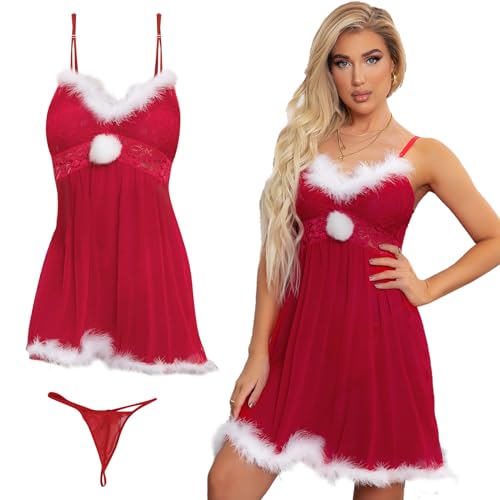 SPHERETRON Weihnachtskostüm Damen Set,Rotes Trägerkleid mit Weißem Pelzbesatz Regelmäßiger Hem,Weihnachtsoutfit Damen für Weihnachten,Karneval,Role Play,Maskerade Party usw.(L) von SPHERETRON