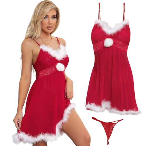 SPHERETRON Weihnachtskostüm Damen Set,Rotes Trägerkleid mit Weißem Pelzbesatz Regelmäßiger Hem,Weihnachtsoutfit Damen für Weihnachten,Role Play,Maskerade Party,Karneval usw.(XL) von SPHERETRON