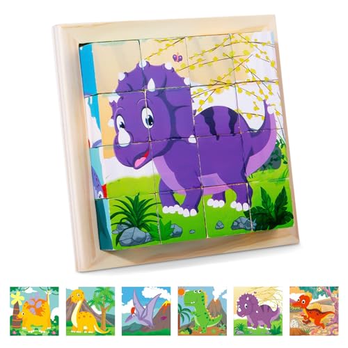 SPHERETRON Bilderwürfel Holz Holzpuzzle für Kinder ab 1 2 3 Jahre 3D Würfelpuzzle Dinosaurier Puzzlespiele 6 in 1 Tier-Motive Montessori Lernspielzeug Holzspielzeug Geschenk Spielzeug für Kinder von SPHERETRON