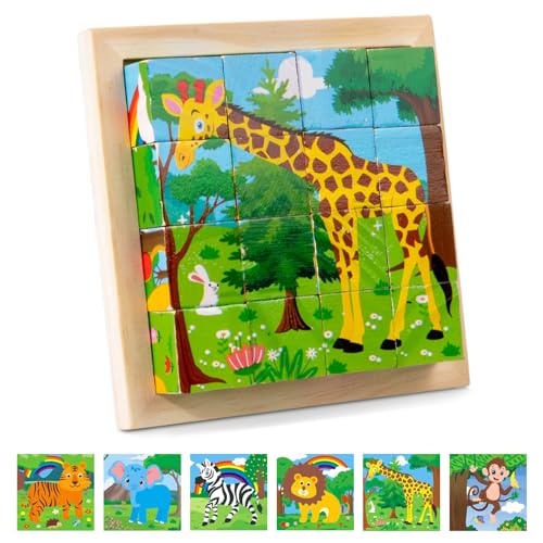 SPHERETRON Würfelpuzzle Holz 3D Bilderwürfel Puzzlespiele 6 in 1 Würfel Holzspielzeug Vorschule Lernspielzeug Holzspielzeug Würfelpuzzle Holz Geschenk Spielzeug für Kinder ab 1 2 3 Jahre von SPHERETRON