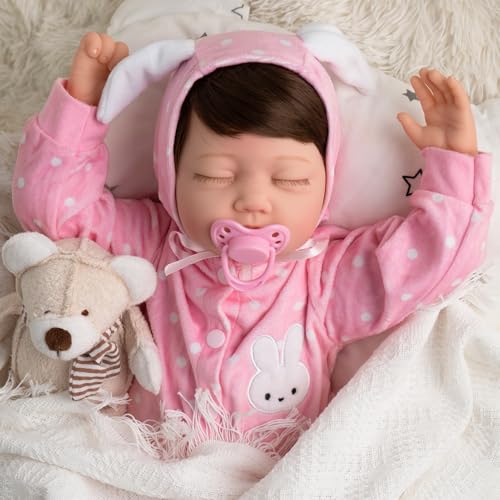 SPICIMOMO Lebensechte Reborn Babypuppen, Realistische Babypuppen Mädchen 22 Zoll, Real Life Baby Doll Pink Rabbit Tuch Set mit Fütterungsspielzeug für Kinder ab 3 Jahren von SPICIMOMO