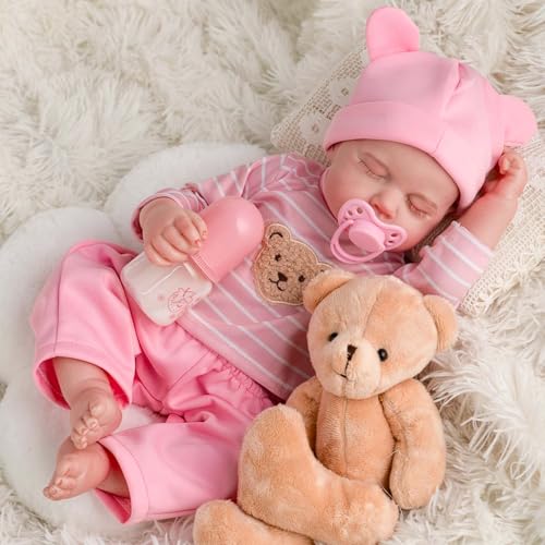 SPICIMOMO Realistische Babypuppe, 18 Zoll Real Life Ganzkörper Vinyl Babypuppe Mädchen, Rosa Lebensechte Reborn Babypuppe mit Fütterungszubehör für Kinder ab 3 Jahren von SPICIMOMO