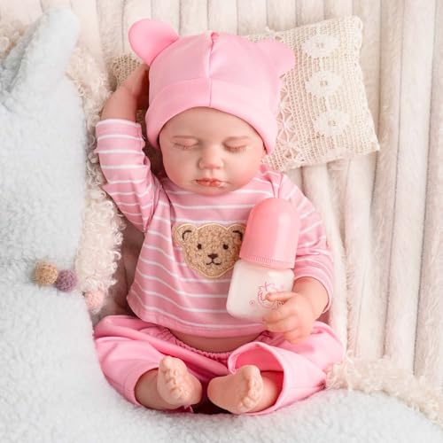 SPICIMOMO Realistische Babypuppe, 45,7 cm rosa Real Life Ganzkörper Vinyl Babypuppe Mädchen, lebensechte Reborn Babypuppe mit Fütterungszubehör für Kinder ab 3 Jahren von SPICIMOMO