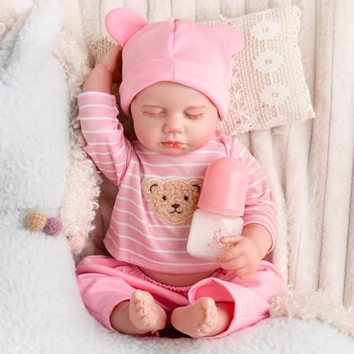 SPICIMOMO Realistische Reborn Babypuppen, 18 Zoll Lebensechte Babypuppe Stoffkörper, Real Life Babypuppen Weich Schlafende Neugeborene Babypuppen Rosa Bär Verkleiden Geschenk Spielzeug für Alter 3+ von SPICIMOMO