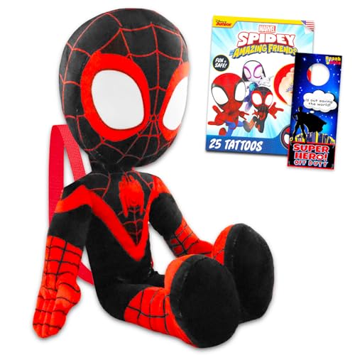 Marvel Spidey Plüschtaschen-Set – Paket mit 45,7 cm Miles Morales geformter Spidey-Plüschpuppe mit Tragegurten plus Tattoos und mehr, Spiderman-Geschenke von SPIDER-MAN