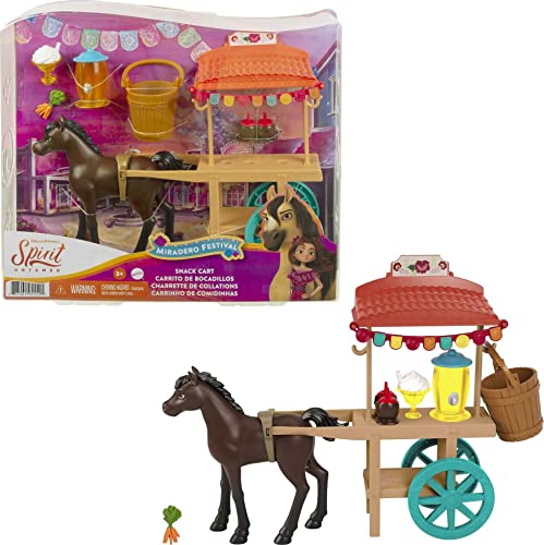 Dreamworks Spirit GXF69 - "Spirit - frei und ungezähmt" Miradero Festivalstand mit rollenden Rädern, Überdachung, 12,7 cm großem Pony und passendem Zubehör, tolles Geschenk für Kinder ab 3 Jahren von Mattel