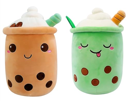 SPIRTUDE 2Pcs Nette Bubble Tea Kuscheltier Strawberry Plüsch Gefüllte Bubble plüschtier Cartoon Milch Tee Tasse Squishy Kissen 24cm (Green+Brown Ice Cream) von SPIRTUDE