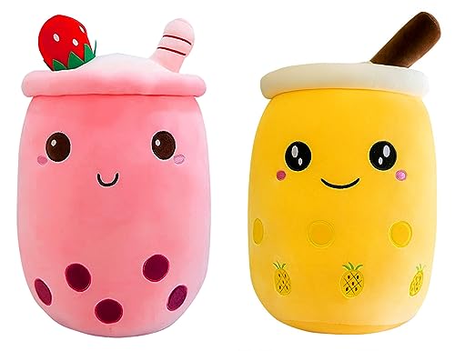 SPIRTUDE 2Pcs Bubble Tea Kuscheltier Strawberry Plüsch Gefüllte Bubble plüschtier Cartoon Milch Tee Tasse Squishy Kissen 24cm (Pineapple+Strawberry Plush) von SPIRTUDE