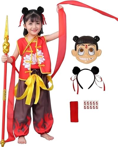 SPIRTUDE Anime Li Ne Zha 10-teiliges Cosplay-Kostüm-Set, Chinesischer alter Held, Halloween-Outfit (ärmelloser Stil, 10-11 Jahre alt) von SPIRTUDE