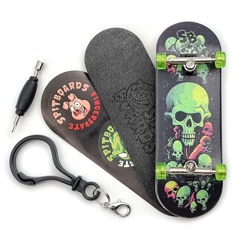 SPITBOARDS 32 x 96 mm Fingerboard Complete Wood Set-Up Assembled, 5-Layers, Silver Trucks with Bushings and Nuts, CNC Bearing Wheels in Transparent-Green, Lasered Grip Tape Lime Green Skull & Bones von SPITBOARDS