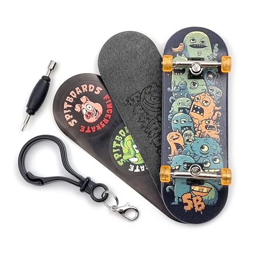 SPITBOARDS 32 * 96 mm Fingerboard Complete Wood Set-Up Assembled, 5-Layers, Silver Trucks with Bushings and Nuts, CNC Bearing Wheels in Transparent Orange, Lasered Foam Grip Tape Cute Monsters von SPITBOARDS