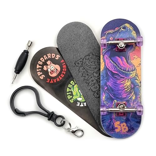 SPITBOARDS 32 * 96 mm Fingerboard Complete Wood Set-Up Assembled, 5-Layers, Silver Trucks with Bushings and Nuts, CNC Bearing Wheels in Transparent-Purple, Lasered Foam Grip Tape Purple T-Rex von SPITBOARDS