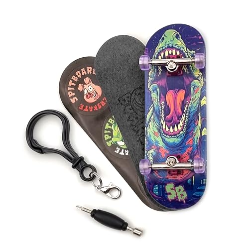 SPITBOARDS 32 * 96 mm Fingerboard Complete Wood Set-Up Assembled, 5-Layers, Silver Trucks with Bushings and Nuts, Transparent CNC Bearing Wheels, Lasered Foam Grip Tape Green T-Rex von SPITBOARDS