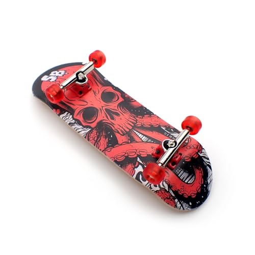 SPITBOARDS 32 x 96 mm Fingerboard Complete Wood Set-Up Assembled, 5-Layers, Silver Trucks with Bushings and Nuts, Transparent CNC Bearing Wheels, Lasered Foam Grip Tape Red Octoskull von SPITBOARDS