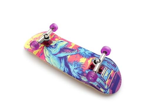 SPITBOARDS 32 x 96 mm Fingerboard Complete Wood Set-Up Assembled, 5-Layers, Silver Trucks with Bushings and Nuts, Transparent CNC Bearing Wheels, Lasered Pro Foam Grip Tape Sunset Raptor von SPITBOARDS