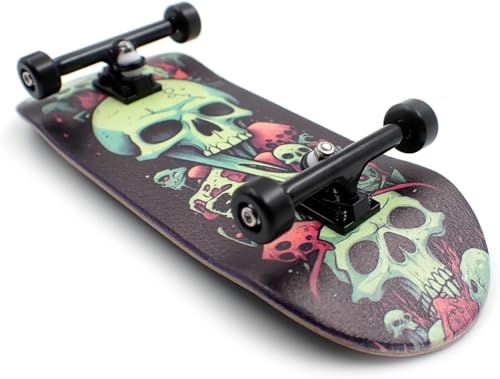 SPITBOARDS 34 x 96 mm Wood Fingerboard Complete Set-Up, Pre Assembled, 5-Layers Wood, Pro Trucks with Lock Nuts, CNC Bearing Wheels, Real Wear Graphics, Lasered Foam Grip Tape, Slimey Skulls von SPITBOARDS