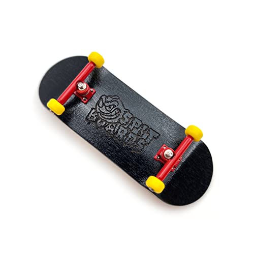 SPITBOARDS 34mm Fingerboard Complete Wood Pro Set-Up (Pre-Assembled, 5-Layers), Pro Trucks, CNC Bearing Wheels, Foam Grip Tape, (Deck: Black, Trucks: red, Wheels: Yellow) von SPITBOARDS