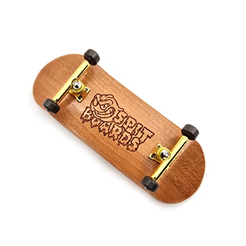 SPITBOARDS 34mm Fingerboard Complete Wood Pro Set-Up (Pre-Assembled, 5-Layers), Pro Trucks, CNC Bearing Wheels, Foam Grip Tape, (Deck: Light-Brown Wood, Trucks: Gold, Wheels: Brown) von SPITBOARDS