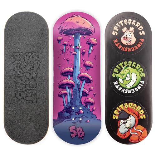 SPITBOARDS 34mm Fingerboard Deck - Real Wood (5-Layers) Classic Popsicle Street Shape - Size: 34 x 96 mm - Single Graphic Deck (Real Wear) - Optimized Concave - Alien Mushrooms von SPITBOARDS