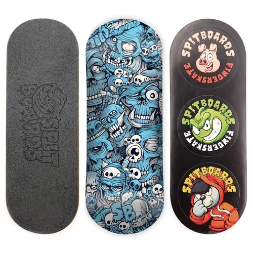 SPITBOARDS 34mm Fingerboard Deck - Real Wood (5-Layers) Classic Popsicle Street Shape - Size: 34 x 96 mm - Single Graphic Deck (Real Wear) - Optimized Concave - Blue Mummy Skulls von SPITBOARDS