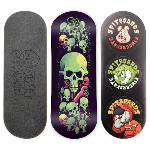 SPITBOARDS 34mm Fingerboard Deck - Real Wood (5-Layers) Classic Popsicle Street Shape - Size: 34 x 96 mm - Single Graphic Deck (Real Wear) - Optimized Concave - Lime Green Skull von SPITBOARDS