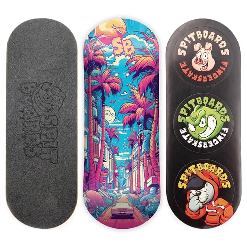 SPITBOARDS 34mm Fingerboard Deck - Real Wood (5-Layers) Classic Popsicle Street Shape - Size: 34 x 96 mm - Single Graphic Deck (Real Wear) - Optimized Concave - Miami Street von SPITBOARDS