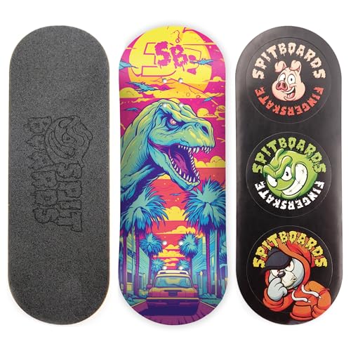 SPITBOARDS 34mm Fingerboard Deck - Real Wood (5-Layers) Classic Popsicle Street Shape - Size: 34 x 96 mm - Single Graphic Deck (Real Wear) - Optimized Concave - Sunset Raptor von SPITBOARDS