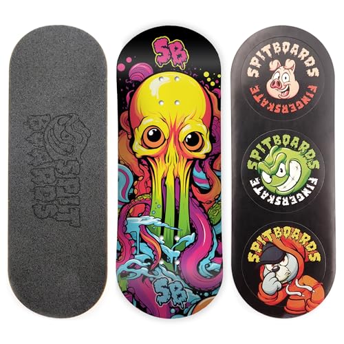 SPITBOARDS 34mm Fingerboard Deck - Real Wood (5-Layers) Classic Popsicle Street Shape - Size: 34 x 96 mm - Single Graphic Deck (Real Wear) - Optimized Concave - Alien-Octopus von SPITBOARDS