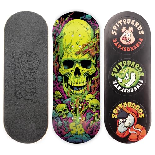 SPITBOARDS 34mm Fingerboard Deck - Real Wood (5-Layers) Classic Popsicle Street Shape - Size: 34 x 96 mm - Single Graphic Deck (Real Wear) - Optimized Concave - Cave Skull von SPITBOARDS