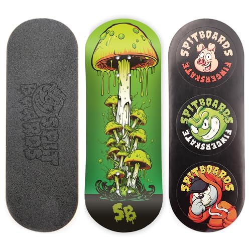 SPITBOARDS 34mm Fingerboard Deck - Real Wood (5-Layers) Classic Popsicle Street Shape - Size: 34 x 96 mm - Single Graphic Deck (Real Wear) - Optimized Concave - Green Mushroom von SPITBOARDS