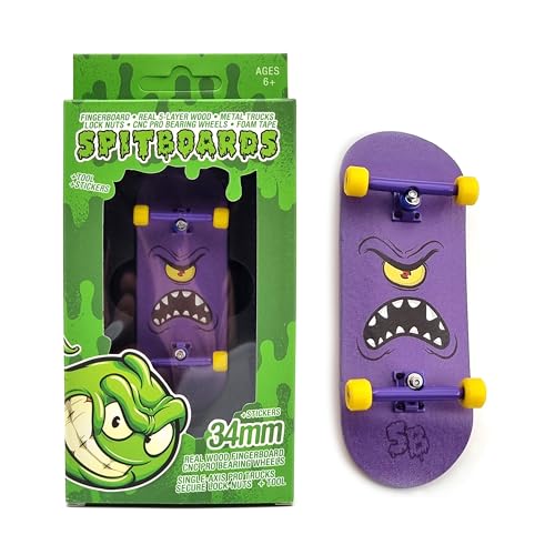 SPITBOARDS 34mm x 96mm Pro Fingerboard Set-Up (Complete) | Real Wood Deck | Pro Trucks with Lock-Nuts and Pro Bushings | Polyurethane Pro Wheels with Bearings | Purple Face von SPITBOARDS