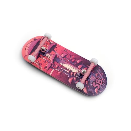 SPITBOARDS 36 x 96 mm Wood Fingerboard Complete Set-Up, Pre Assembled, 5-Layers Wood, Pro Trucks with Lock Nuts, CNC Bearing Wheels, Real Wear Graphics, Lasered Foam Grip Tape, Pink Mushrooms von SPITBOARDS