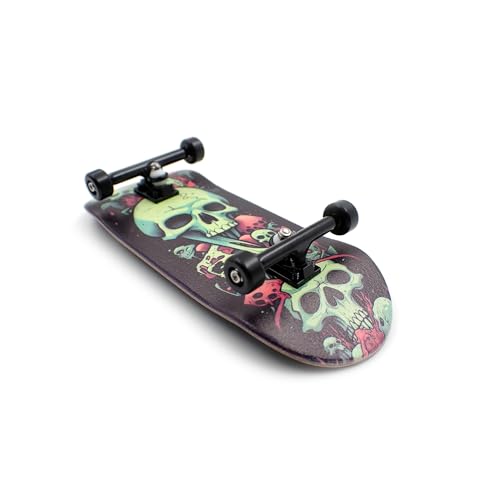 SPITBOARDS 36 x 96 mm Wood Fingerboard Complete Set-Up, Pre Assembled, 5-Layers Wood, Pro Trucks with Lock Nuts, CNC Bearing Wheels, Real Wear Graphics, Lasered Foam Grip Tape, Slimey Skulls von SPITBOARDS