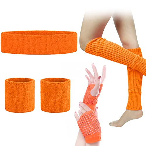 Beinstulpen Fischnetzhandschuhe Stirnband Armbänder Neon Set, 80er Jahre Frauen Verkleidung Kostüm Zubehör, 1980er Retro Thema Party Kostüme (Orange) von SPOKKI