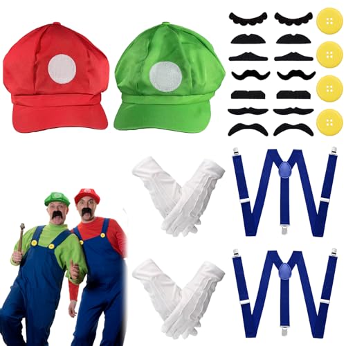 SPOKKI 2 Sätze Mario Kostüm Party Kostüm Zubehör, Mit Rot und Grün Mario Mütze Handschuhen Hosenträgern Schnurrbartknöpfen für Cosplay Geburtstagsfeier Feiertagskostüme von SPOKKI