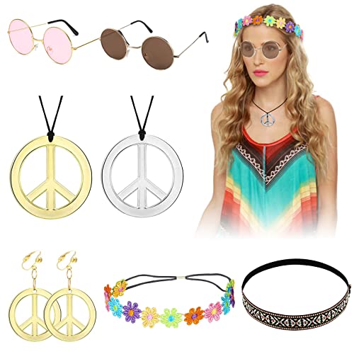 SPOKKI 7 Stück Hippie Kostüm Set, Inklusive Peace-Zeichen Halskette, Hippie Sonnenbrille, Blumenkronen Stirnband, Peace Zeichen Ohrclips für 60er oder 70er Jahre Hippie Kleidungszubehör von SPOKKI