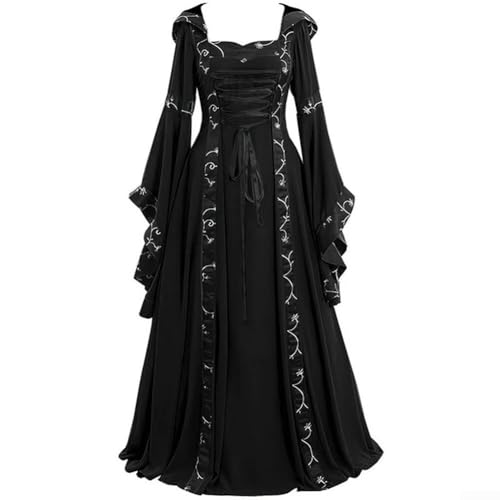 Frauen Mittelalter Cosplay Kostüme Lange Glockenärmel Schnüren Retro Gothic Kleid für Partys und Veranstaltungen (XL Schwarz) von SPORTARC