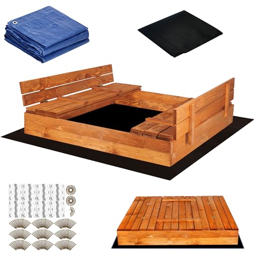 SPRINGOS Kinder-Sandkasten Holz-Sandkasten mit Sitzbänken 150 x 150 cm Extra Vlies Abdeckplane Imprägniertes Holz von SPRINGOS