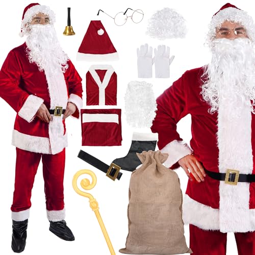 SPRINGOS Weihnachtsmann-Kostüm mit Nikolausstock universale Größe 12 Elemente von SPRINGOS