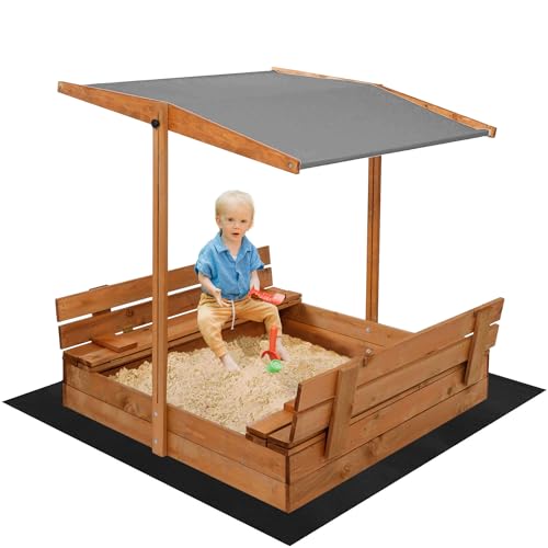 Sandkasten Holz 120x120 cm mit klappbaren Sitzbänken & Rückenlehnen – Outdoor Kindersandkiste mit Abdeckplane & Bodenvlies – Wetterfest & sicher – SPRINGOS von SPRINGOS