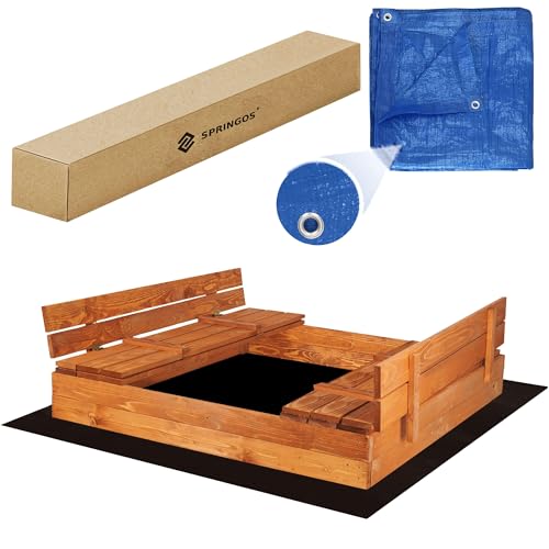 Sandkasten mit Abdeckung 150x150 cm – Holz Sandkasten mit Sitzbänken, imprägniert & wetterfest, klappbarer Deckel, kindersicher + Vlies & Plane – SPRINGOS von SPRINGOS