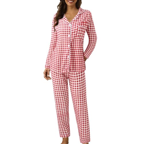 Damen-Schlafanzug-Set, Baumwollmischung, gepunktet, kariert, Knopfleiste, langärmeliges Revers-Oberteil und Hose mit weitem Bein, Herbst-Pyjama-Set, lässig, Weihnachten, Halloween, Loungewear-Sets (A3 Damen-Schlafanzug-Set, Baumwollmischung, gepunktet, kariert, Knopfleiste, langärmeliges Revers-Oberteil und Hose mit weitem Bein, Herbst-Pyjama-Set, lässig, Weihnachten, Halloween, Loungewear-Sets (A3 von SPSMOKH