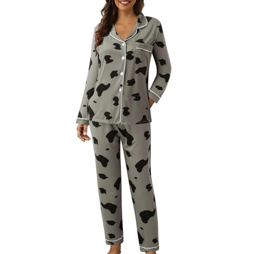 Damen-Schlafanzug-Set, Baumwollmischung, gepunktet, kariert, Knopfleiste, langärmeliges Revers-Oberteil und Hose mit weitem Bein, Herbst-Pyjama-Set, lässig, Weihnachten, Halloween, Loungewear-Sets (A9 Damen-Schlafanzug-Set, Baumwollmischung, gepunktet, kariert, Knopfleiste, langärmeliges Revers-Oberteil und Hose mit weitem Bein, Herbst-Pyjama-Set, lässig, Weihnachten, Halloween, Loungewear-Sets (A9 von SPSMOKH