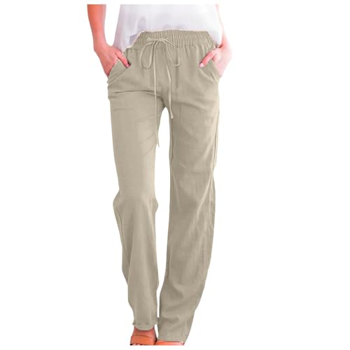 Damenhose aus Leinen und Baumwolle, einfarbig, Kordelzug, gerade Hose, Leinen, Freizeithose, modische Businesshose, elastische Taille, schmales/gerades Bein, Sommer-Strandhose mit Taschen (#A09 Khaki Damenhose aus Leinen und Baumwolle, einfarbig, Kordelzug, gerade Hose, Leinen, Freizeithose, modische Businesshose, elastische Taille, schmales/gerades Bein, Sommer-Strandhose mit Taschen (#A09 Khaki von SPSMOKH