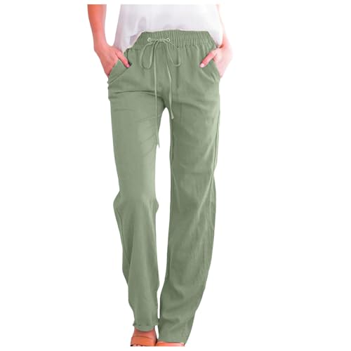 Damenhose aus Leinen und Baumwolle, einfarbig, Kordelzug, gerade Hose, Leinen, Freizeithose, modische Businesshose, elastische Taille, schmales/gerades Bein, Sommer-Strandhose mit Taschen (#A10 Grün Damenhose aus Leinen und Baumwolle, einfarbig, Kordelzug, gerade Hose, Leinen, Freizeithose, modische Businesshose, elastische Taille, schmales/gerades Bein, Sommer-Strandhose mit Taschen (#A10 Grün von SPSMOKH