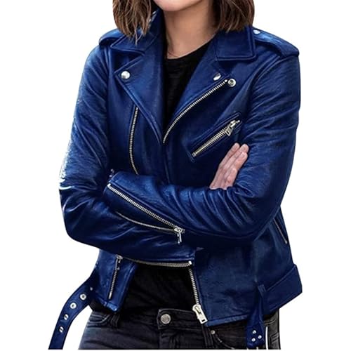 Lederjacke Damen Bomberjacke Wasserdicht Motorradjacke Kunstlederjacke mit Reißverschluss Retro Kurze Jacke Biker-Stil Lederbluse Winddichte Jacke Übergangsjacke (Blau, 3XL) von SPSMOKH