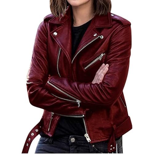 Lederjacke Damen Bomberjacke Wasserdicht Motorradjacke Kunstlederjacke mit Reißverschluss Retro Kurze Jacke Biker-Stil Lederbluse Winddichte Jacke Übergangsjacke (Rot, XXL) von SPSMOKH