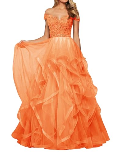 SPSMOKH Abendkleid, Tüll, lang, Damen, Spitze, Ball, Trägerlos, A-Linie Prinzessinenkleid, Abschlussball, V-Ausschnitt (orange, Größe 6) von SPSMOKH