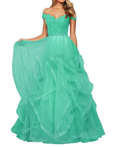 SPSMOKH Abendkleid Lang Tüll Damen Abendkleid Schulterfreies Ballkleid Prinzessin Ballkleid Abschlussballkleid V-Ausschnitt Dunkeltürkis 30 von SPSMOKH